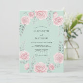 Invitation Mariage Fleur de Rose Rose Menthe (Debout devant)