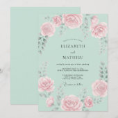 Invitation Mariage Fleur de Rose Rose Menthe (Devant / Derrière)