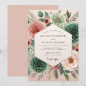 Invitation Mariage Fleur de Rose sarcelle (Devant / Derrière)