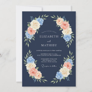 Invitation Mariage Fleur de Rosier Rose Navy