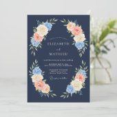 Invitation Mariage Fleur de Rosier Rose Navy (Debout devant)