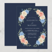 Invitation Mariage Fleur de Rosier Rose Navy (Devant / Derrière)