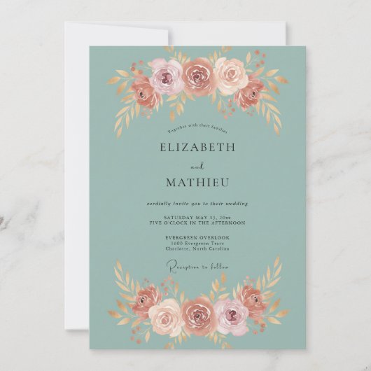 Invitation Mariage Fleur de Rosier Sarcelle (Devant)