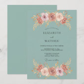 Invitation Mariage Fleur de Rosier Sarcelle (Devant / Derrière)