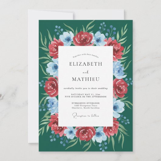 Invitation Mariage Fleur de Rosier Vert Profond (Devant)