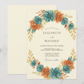 Invitation Mariage Fleur de Rouille Turquoise (Devant / Derrière)