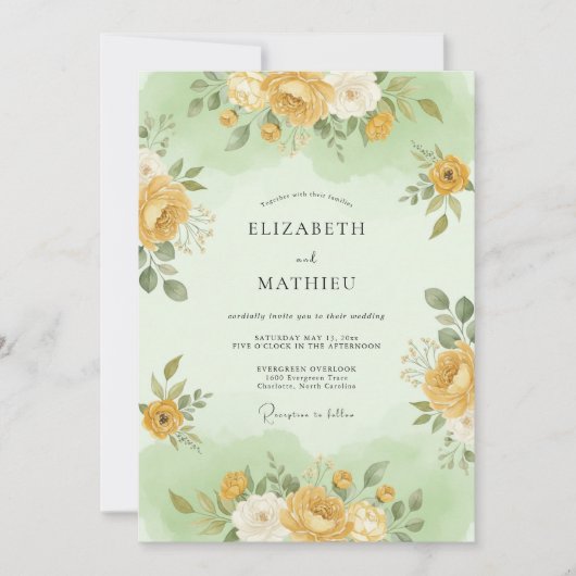 Invitation Mariage Fleur de Sage Vert Doré (Devant)
