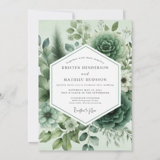 Invitation Mariage Fleur de Succulente Vert Sauge (Devant)