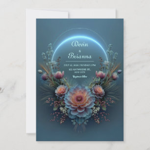Invitation Mariage Fleur de Teal de Minuit au Halo Bleu Lumin