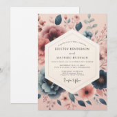 Invitation Mariage Fleur de Teint Écrue Bleu Ardoise (Devant / Derrière)