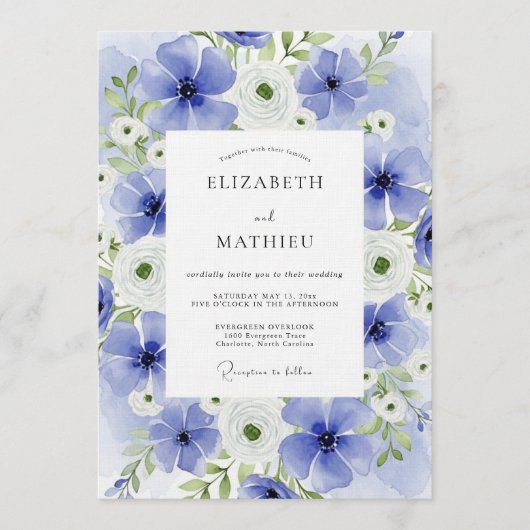 Invitation Mariage Fleur de Teinture Bleue (Devant)