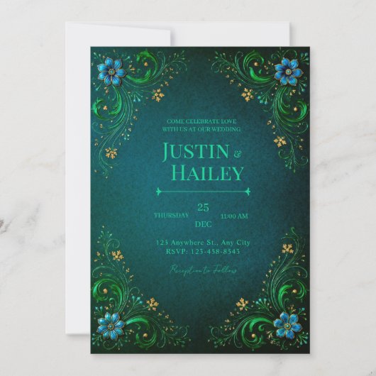 Invitation Mariage Fleur de Thé Vert de Minuit (Devant)