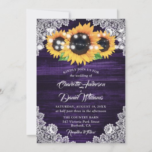 Invitation Mariage Fleur de Tournesol Bois Violet Rustique (Devant)