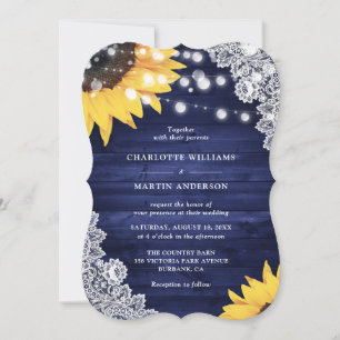 Invitation Mariage Fleur de Tournesol Navy Blue Bois Dentelle