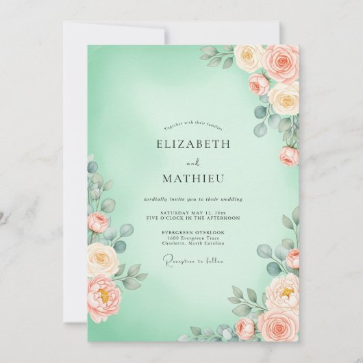 Invitation Mariage Fleur de Vert Menthe (Devant)