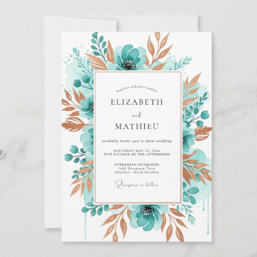 Invitation Mariage Fleur de Watercolor Sarcelle (Devant)