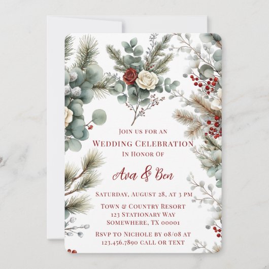 Invitation Mariage Fleur de Winter Rose Rouge Blanche (Devant)