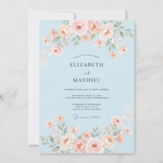Invitation Mariage Fleur Délicate Bleu Ciel (Devant)