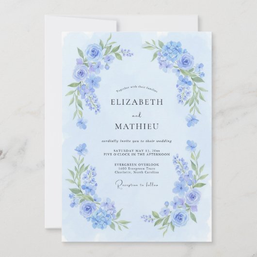 Invitation Mariage Fleur Délicate Bleu Poudre (Devant)