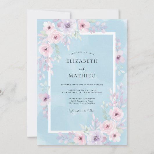 Invitation Mariage Fleur délicate Bleu Poudre (Devant)