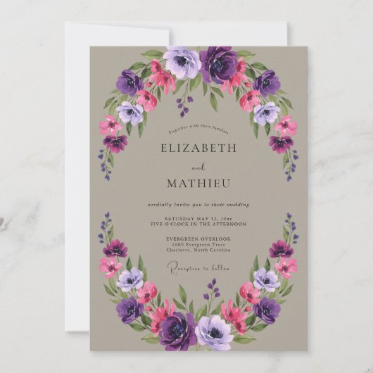 Invitation Mariage Fleur Délicate Rose Violet (Devant)