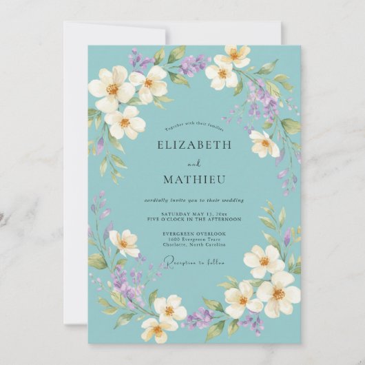 Invitation Mariage Fleur Délicate Sarcelle (Devant)