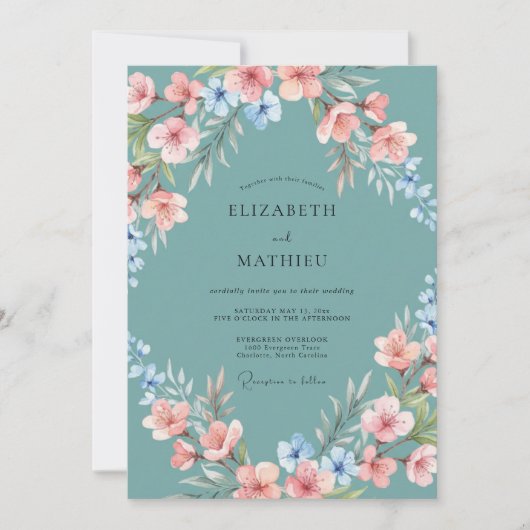 Invitation Mariage Fleur Délicate Sarcelle (Devant)