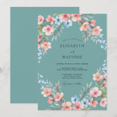 Invitation Mariage Fleur Délicate Sarcelle (Devant / Derrière)