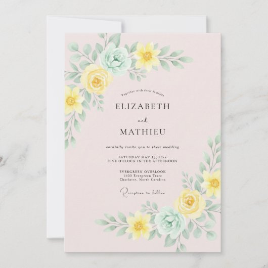 Invitation Mariage Fleur Délicate Vert Menthe (Devant)