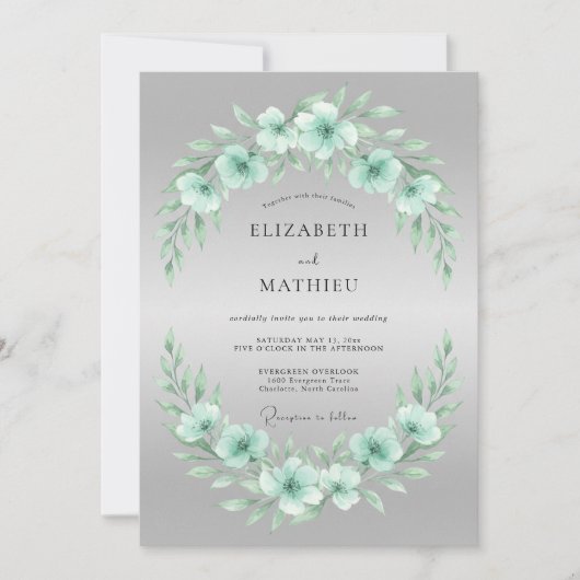 Invitation Mariage Fleur Délicate Vert Menthe (Devant)