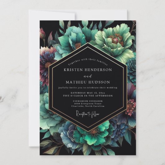 Invitation Mariage Fleur d'Emeraude Noir (Devant)