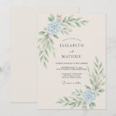 Invitation Mariage Fleur d'Hydrange Azure et Eucalyptus (Devant / Derrière)