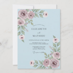 Invitation Mariage Fleur Discrète de Teinte Bleu Poussiéreux