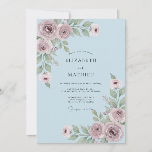 Invitation Mariage Fleur Discrète de Teinte Bleu Poussiéreux (Devant)