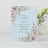 Invitation Mariage Fleur Discrète de Teinte Bleu Poussiéreux (Debout devant)