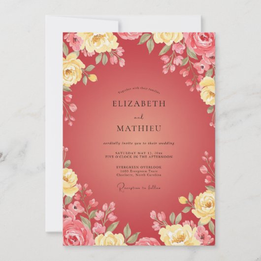 Invitation Mariage Fleur Dorée Cramoisi (Devant)