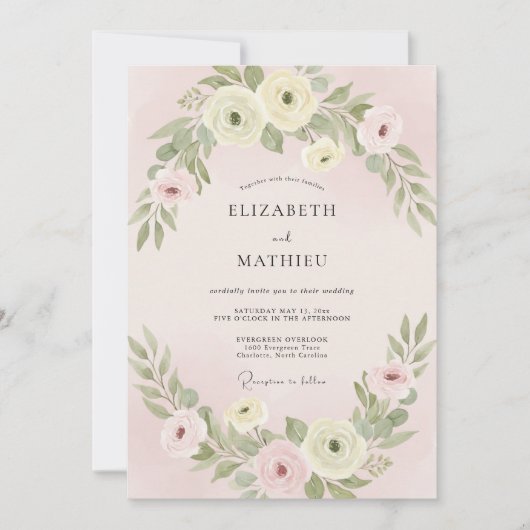Invitation Mariage Fleur Douce Rose (Devant)