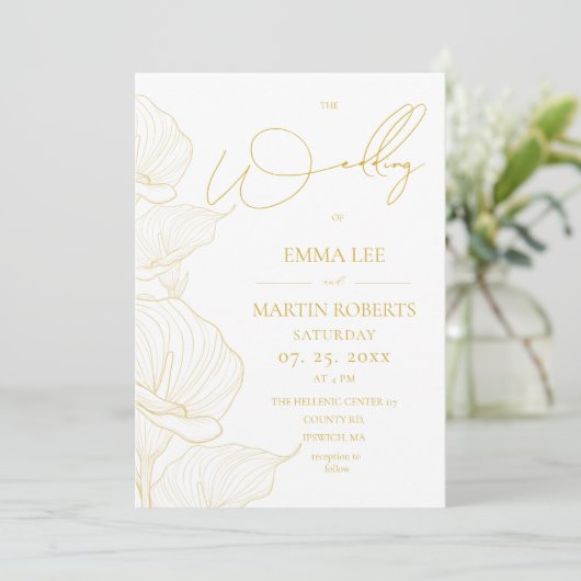 Invitation Mariage Fleur Élégant Blanc et Or (Debout devant)