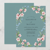 Invitation Mariage Fleur Élégante Bleu Turquoise (Devant / Derrière)