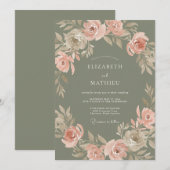Invitation Mariage Fleur Élégante Vert Sauge (Devant / Derrière)