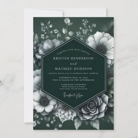 Invitation Mariage Fleur Émeraude Monochrome (Devant)
