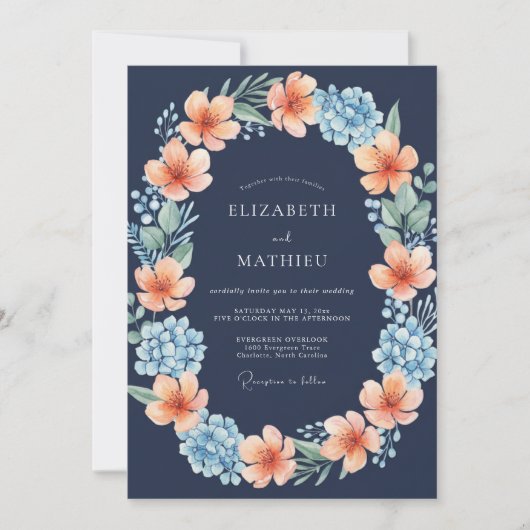 Invitation Mariage Fleur Épanouie Bleu Nuit Radieux (Devant)