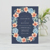 Invitation Mariage Fleur Épanouie Bleu Nuit Radieux (Debout devant)
