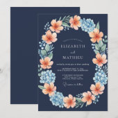 Invitation Mariage Fleur Épanouie Bleu Nuit Radieux (Devant / Derrière)