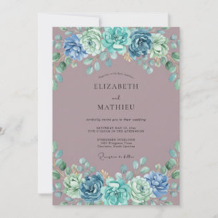 Invitation Mariage Fleur Épanouie Bleu Poussiéreux Verdoyant