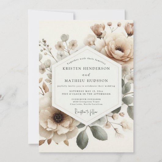Invitation Mariage Fleur Épousée Beige (Devant)