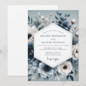 Invitation Mariage Fleur Éthérée Bleu Ardoise (Devant / Derrière)