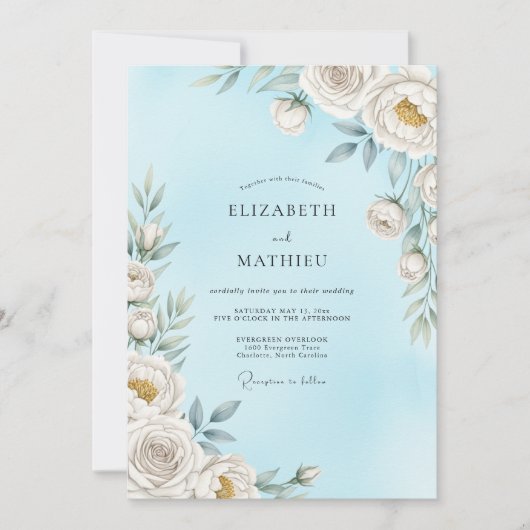 Invitation Mariage Fleur Éthérée Bleu Ciel (Devant)