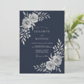 Invitation Mariage Fleur Éthérée Bleu Marine (Debout devant)