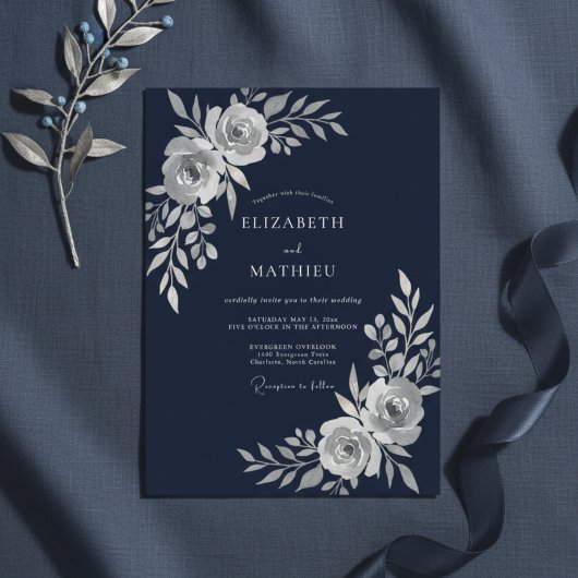 Invitation Mariage Fleur Éthérée Bleu Marine